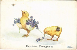 T2/T3 1916 Herzliche Ostergrüße! / Easter Greeting Art Postcard, Chicken With Flowers. B.K.W.I. 4673-3. S: Erwin Granner - Zonder Classificatie