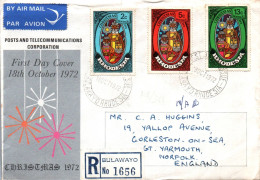 1972 - CHRISTMAS 1972 - FIRST DAY COVER  - RECOMMANDEE BULAWAYO TO ENGLAND - Rhodesia (1964-1980)