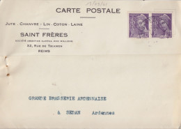 CP "Jute, Chanvre, ..." Obl. Reims Vesle Le 13/9/41 Sur 40c X 2 Mercure N° 413 (tarif Du 1/12/39) Pour Sedan - 1938-42 Mercure