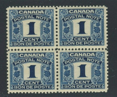 4x Canada Revenue Postal Note Stamps Blk Of 4 #FPS1-1c Blue 2xMNH 2xMH GV=$25.00 - Blocks & Sheetlets