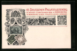 AK Ganzsache Bayern, Nürnberg, 18. Deutscher Philatelistentag 1906, Stadttotale  - Francobolli (rappresentazioni)