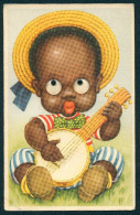 Glasaugen-AK Kleiner Afroamerikaner Mit Kulleraugen Und Strohhut Spielt Banjo  - Other & Unclassified