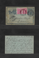 URUGUAY. 1898 (16 Dic) Montevideo - Germany, Barmen (10 Jan 99) 2c Blue Stat Card + Adtl 5c Red Pair, Cds (rare Stamp On - Uruguay