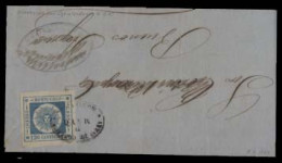 URUGUAY. 1862 (9 May). Yv 10. Montevideo - Argentina. Fkd Front Single 120rs Blue Large Margins Tied Oval Ds. Part Names - Uruguay
