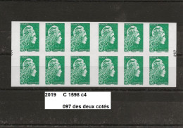 Variété Carnet Adhésifs De 2019 Neuf** Y&T N° C 1598 C4 N° 097 Imlprimé Des Deux Cotés - Postzegelboekjes