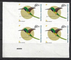 Argentina 1995 Permanent/Definitives Hummingbird Birds Sef Adhesive Yellow Paper  MNH Block Of Four CV USD 14 - Unused Stamps