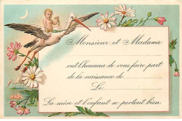 Carte Gaufrée - Naissance - Monsieur Et Madame Ont L'honneur ... - Bébé Sur Le Dos D'une Cigogne - Geboorte