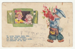 A Postman Boy Brings Flowers To A Little Girl With A Dog Old Postcard Posted Riga 1936 B240301 - Lettonie