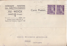 CP "Imprimerie - Papeterie" Obl. St Dié Le 11/12/ 41 Sur 40c X 2 Mercure N° 413 (tarif Du 1/12/39) Pour Sedan - 1938-42 Mercurius