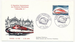 Env. Illustrée Affr 0,60F Turbotrain - Obl 9eme Congrès International Des Cheminots Philatélistes - 37 TOURS - 1/9/1974 - Commemorative Postmarks