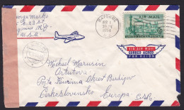 USA: Airmail Cover To Czechoslovakia, 1954, 1 Stamp, Label Opened By Customs Currency Control (minor Damage; Creases) - Storia Postale