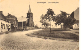 !!THIMOUGIES - Tournai  " Rare Carte " Place Et église  - Timbre - Cachet Et Message Du Bourgemestre - Tournai