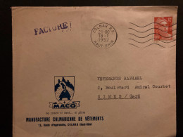 LETTRE MANUFACTURE COLMARIENNE DE VETEMENTS TP M DE GANDON 12F OBL.MEC.18-1 1952 COLMAR RP HAUT-RHIN (68) - Storia Postale