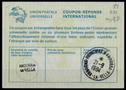 ANDORRE / ANDORRA La22  International Reply Coupon Reponse Antwortschein IAS IRC  O ANDORRA LA VELLA 21.09.84 - Postwaardestukken & Prêts-à-poster