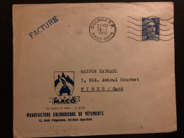 LETTRE MACO MANUFACTURE COLMARIENNE DE VETEMENTS TP M DE GANDON 12F OBL.MEC.18-1 1951 COLMAR RP HAUT-RHIN (68) - Storia Postale