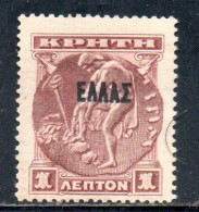 CRETE CRETA 1908 ELLAS OVERPRINTED SOPRASTAMPATO 1L MNH - Creta