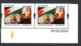 2024 - Tunisie- Liberté Pour La Palestine - Jérusalem- Alquds - Dom - Drapeau- Gaza - Juif - Paire - 1v.MNH** Coin Daté - Palestine