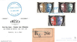 (RECTO / VERSO) ENVELOPPE 1er JOUR - UNESCO EN 1961 - TIMBRES DE SERVICE A PARIS - RECOMMANDEE BUREAU TEMPORAIRE 2 - Storia Postale