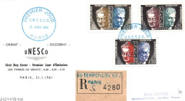 (RECTO / VERSO) ENVELOPPE 1er JOUR - UNESCO EN 1961 - TIMBRES DE SERVICE A PARIS - RECOMMANDEE BUREAU TEMPORAIRE 2 - Lettres & Documents