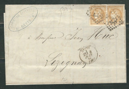 FRANCE 1871 N° 43 X 2 (1 Tbre Def.) Obl. S/Lettre GC 822 Cette Pour Lezignan - 1870 Emission De Bordeaux