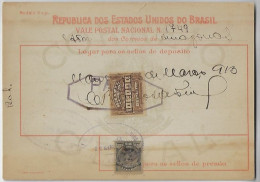 Brazil 1913 Money Order From Amazonas To Bahia Vale Postal Stamp 10$000 Definitive President Floriano Peixoto 300 Réis - Brieven En Documenten