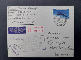 Lettre Poste Restante 1er Liaison Aériènne Lufthansa Par Caravelle Paris Francfort  Le 1/4/1962 Recommandé Paris Retour - Covers & Documents
