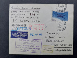 Lettre Poste Restante 1er Liaison Aériènne Lufthansa Par Viscount814 Paris-Stuttgart-Munich Le1/4/1962 Recommandé Retour - Covers & Documents