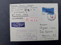 Lettre Poste Restante 1er Liaison Aériènne Lufthansa Par Viscount 814 Paris-Stuttgart-Munich Le1/4/1962 En Recommandé - Covers & Documents