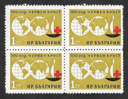 SE)1964 BULGARIA, 100TH ANNIVERSARY OF THE RED CROSS, WORLD MAP, B/4 MNH - Oblitérés