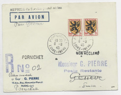 BLASON 5FR FLANDRE PAIRE LETTRE COVER REC PROVISOIRE AVION PORNICHET 6.8.1945 POUR GENEVE - 1941-66 Armoiries Et Blasons