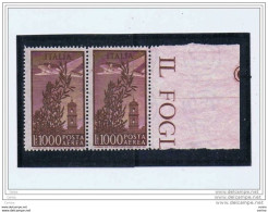 REPUBBLICA:  1948/52  PA. CAMPIDOGLIO -  £. 1000  BRUNO  LILLA  COPPIA  N. -  SASS. 145 - Poste Aérienne