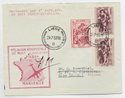 BELGIQUE 1FR+40C SURTAXE PAIRE  LETTRE COVER LIEGE 24.7.1939 TO FRANCE 1ERE LIAISON AEROPOSTALE NUIT - Briefe U. Dokumente