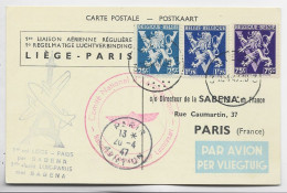 BELGIQUE  LION 25C+75C+1FR75 CARTE SPECIALE  SABENA PAR AVION LIEGE PARIS 1947 - Cartas & Documentos