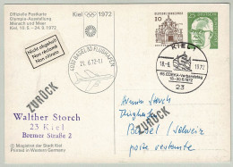 Deutsche Bundespost 1972, Ganzsachenkarte Olympia-Ausstellung EDEKA-Verbandstag Kiel - Basel Flughafen, Zurück, Segeln - Postkaarten - Gebruikt