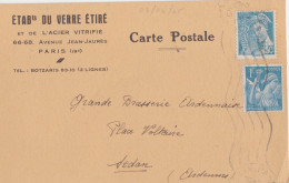 CP "Ets Du Verre Etire" Obl. Paris Le 23 Avril 45 Sur 50c Mercure Et 1f Iris N° 549, 650 (tarif Du 1/3/45) Pour Sedan - 1938-42 Mercure
