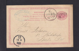 1889 - 10 Ö. Ganzsache Aus Malmö Nach Berlin - Stempel "Fra Sverige M."  - Lettres & Documents