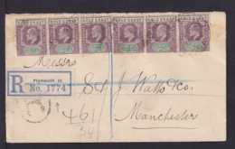 1907 - 6x 1/2 P. Auf Einschreibbrief Nach Mancester - Transit-R-Zettel Plymouth - Goldküste (...-1957)