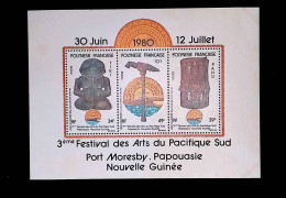 CL, Bloc-feuillet, 3 Timbres Neufs, Polynésie Française, 1980, 3 éme Festival Des Arts Du Pacifique Sud, Port Moresby - Blocks & Sheetlets
