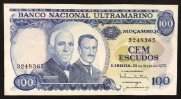 Mozambico Mocambique BANCO NACIONAL ULTRAMARINO 100 ESCUDOS 23 05 1972 Lotto.507 - Moçambique