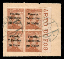 Occupazioni I Guerra Mondiale - Trentino-Alto Adige - 1918 - 20 Heller Su 20 Cent (30e+30+30d+30e) - Quartina Bordo Di F - Otros & Sin Clasificación