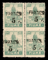 Occupazioni I Guerra Mondiale - Fiume - 1919 - Franco 5 Su 20 Cent (C75) - Quartina - Soprastamp Spostate (oblique In Ba - Sonstige & Ohne Zuordnung