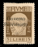 Occupazioni I Guerra Mondiale - Fiume - 1921 - 5 Lire Governo Provvisorio (162 Ob) - Soprastampa A Sinistra - Gomma Orig - Andere & Zonder Classificatie