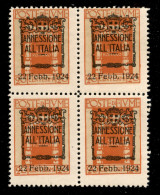 Occupazioni I Guerra Mondiale - Fiume - 1924 - 20 Cent Annessione (217 Varietà) - Quartina Con Dentellatura Ruotata - Go - Andere & Zonder Classificatie