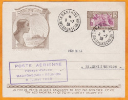 1938 - Entier Postal Enveloppe 65 Centimes Zébus De Tananarive Vers Saint Denis De La Réunion, France - Voyage D'étude - Briefe U. Dokumente