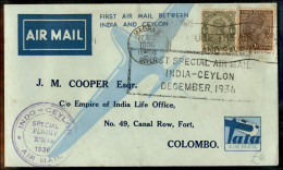 Aerogrammi  - India - 1936 (20 Dicembre) - Madras Colombo - Muller 128 - Autres & Non Classés