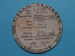 FISCAAL KENTEKEN Voor AUTOVOERTUIG - 1954 > Antwerpen ( Zie SCAN Voor Detail ) ! - Voitures