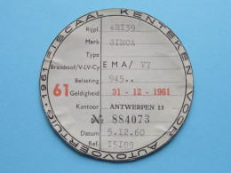 FISCAAL KENTEKEN Voor AUTOVOERTUIG - 1961 > Antwerpen ( Zie SCAN Voor Detail ) ! - Voitures