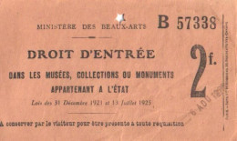 France:Ministere Des Beaux-Arts, Droit D'entree Dans Les Musees, Collections Ou Monument, Museum Tickes, 1921-1925 - Biglietti D'ingresso