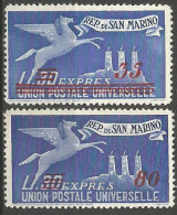 SAN MARINO CORREO URGENTE YVERT NUM. 19/20 ** SERIE COMPLETA SIN FIJASELLOS  --EL NUM. 19 SIN GOMA-- - Timbres Express