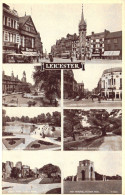 LEICESTER, MULTIPLE VIEWS, ARCHITECTURE, TRAM, PARK, LAKE, CAR,ABBEY RUINS,WAR MEMORIAL,ENGLAND,UNITED KINGDOM, POSTCARD - Leicester